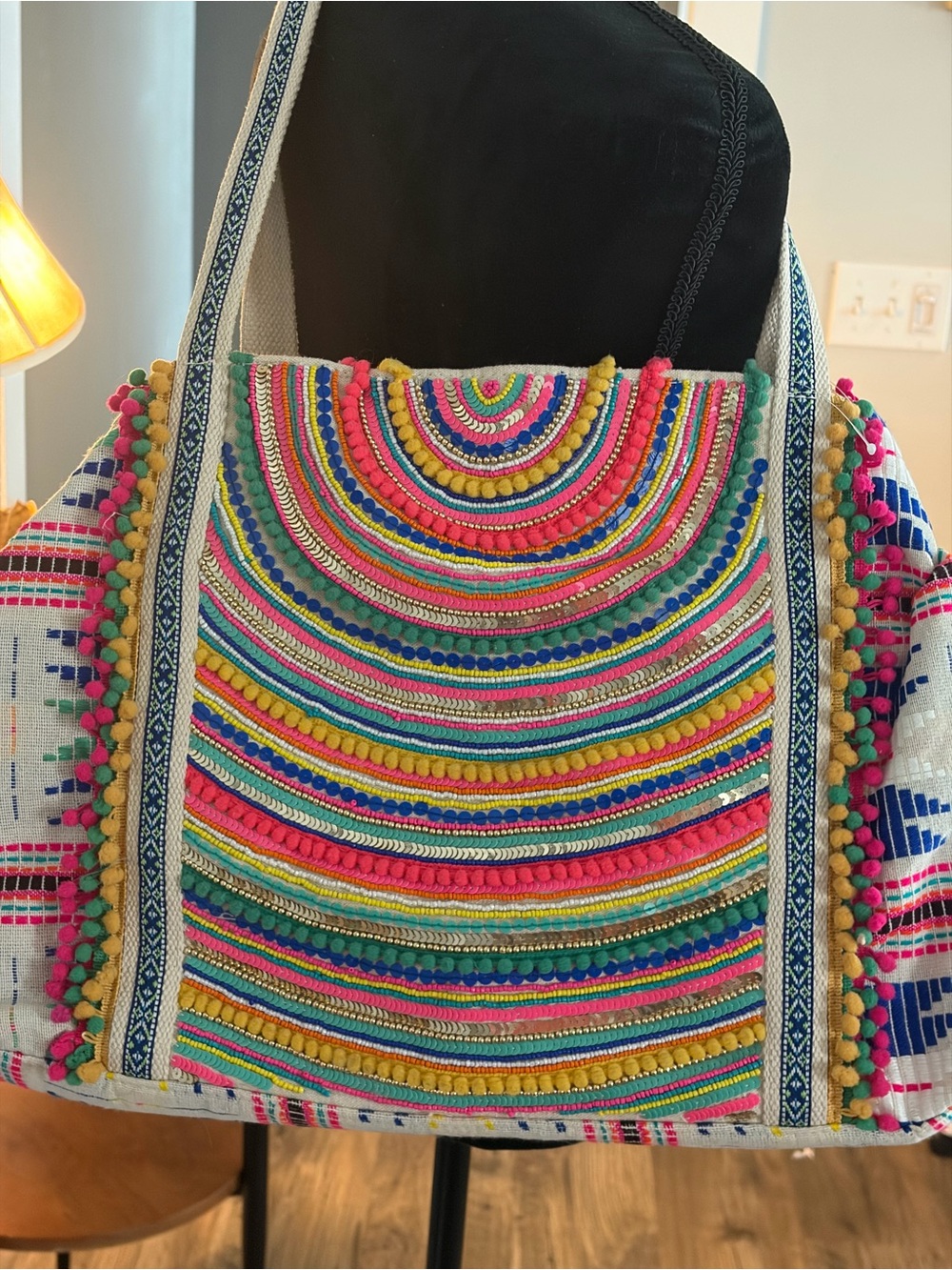 Multicolor Pom-Pom Embroidered Tote Bag
